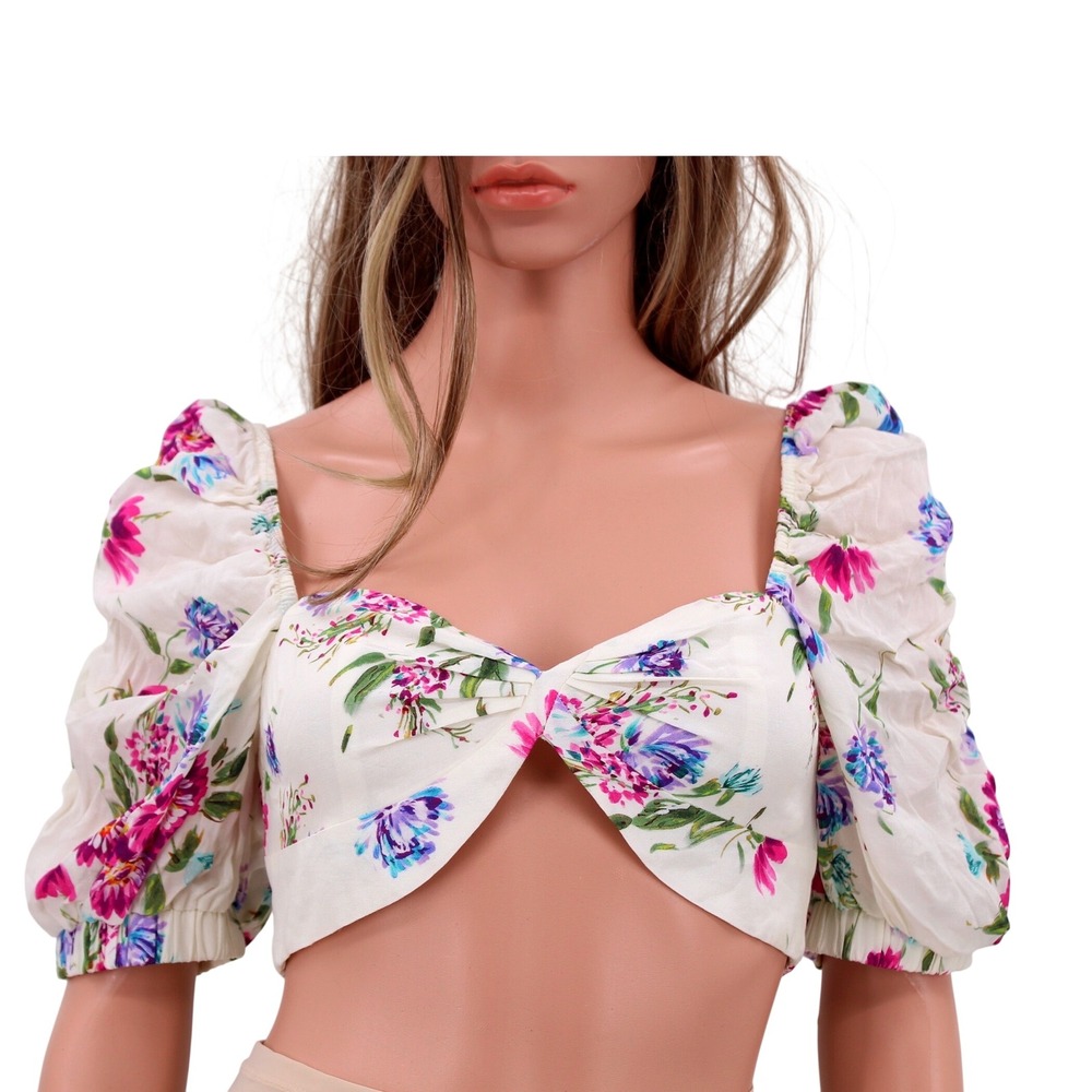 NBD x NAVEN Floral Puff Sleeve Crop Top Cream Sweetheart Smocked Back‎ Small